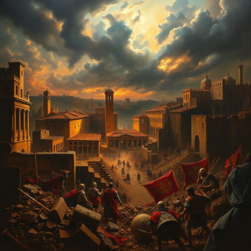 historical devastation, Alaric the Visigoth, ancient ruins, classical architecture, fiery inferno, chaos and turmoil, gothic shadows, sacking and looting, eternal city, Roman Empire, invasion, dramatic conflict, tumultuous skies, Rembrandt lighting, powerful emotions, ancient warfare, Caravaggio-inspired, chiaroscuro, symbolic destruction, fallen civilization, rich textures, monochromatic palette, intense drama, baroque influences, historical narrative, perspective of awe, melancholic atmosphere