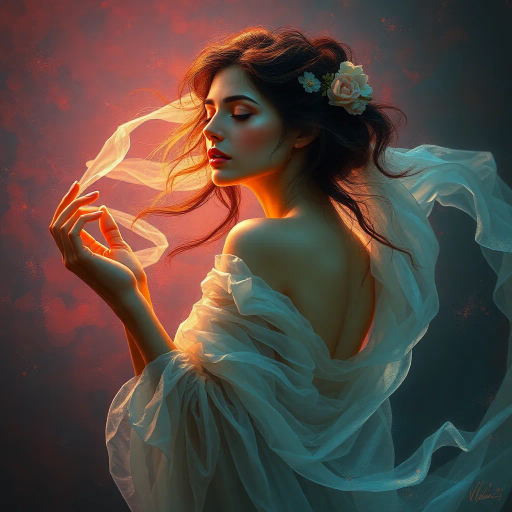 ethereal woman, renaissance lighting, dramatic contrasts, vibrant hues, delicate textures, impressionist influences, emotionally evocative, modern twist, surrealism undertones, dynamic composition, fluid movement, Baroque era inspiration, intricate details, fantastical elements, cultural richness, harmonious balance, mythical aura, expressive gesture, lively ambiance, magical realism, soft brushstrokes, timeless beauty