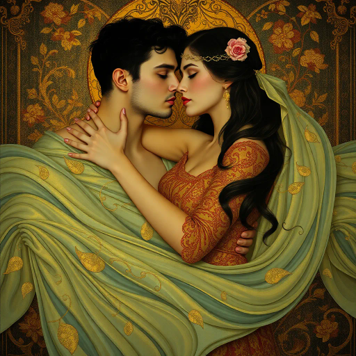 seductive elegance, ethereal allure, vivid passion, romantic symbolism, soft curves, glowing warmth, surreal intimacy, flowing garments, Baroque flair, chiaroscuro, gentle brushstrokes, rich textures, vibrant hues, mythical romance, evocative glance, candlelit setting, ornamental details, luxurious fabric, dreamlike atmosphere, sensual poise, enigmatic aura, fantasy realms, classical influences, timeless beauty, tender expression