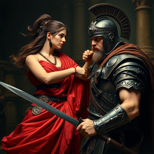 ancient Rome, Sack of Rome 410 CE, Visigothic warrior, Roman lady, dramatic tension, historical narrative, epic composition, chiaroscuro lighting, rich textures, vivid colors, romanticism, classicism, dramatic movement, cultural clash, historical saga, detailed armor, flowing Roman robes, emotional intensity, symbolic imagery, layered composition, heroic scale, classical architecture backdrop, dynamic interactions, historical realism, artistic storytelling, power and grace, clash of civilizations, evocative mood, intricate detailing, timeless conflict, artistic depth, dramatic contrast