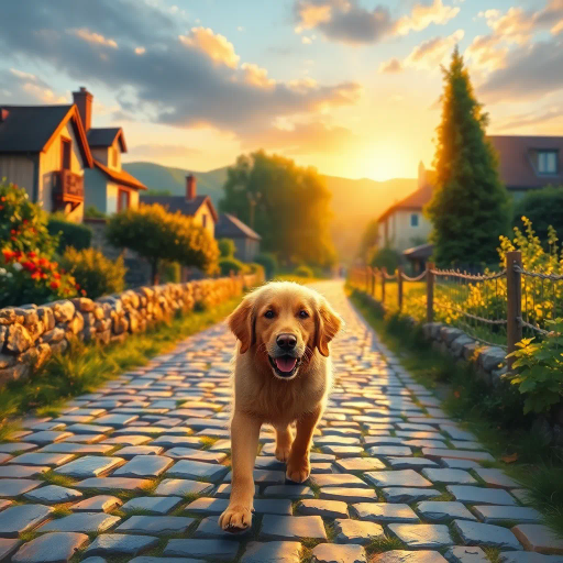 golden retriever, strolling peacefully, along a cobblestone path, Claude Monet influences, ethereal lighting, vibrant hues, rich textures, dynamic movement, pastoral scenery, Impressionist brushstrokes, warm sunset glow, emotional serenity, playful elegance, lush greenery, narrative composition, naturalistic detail, charming village, Timeless elegance, Edward Hopper's narrative style, vivid storytelling