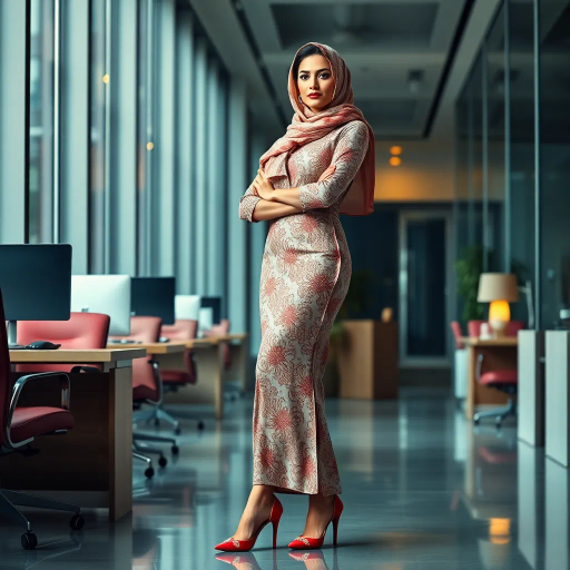 elegant Arab woman, professional attire, modern workplace, high heels, Middle Eastern influence, contemporary art style, intricate patterns, vibrant color palette, soft ambient lighting, cultural expression, dynamic posing, delicate textiles, confidence, empowerment, sophistication, grace, diverse cultural representation, cultural fusion, impressionism influences, human form depiction, balance and harmony, dynamic office environment, elegance, poise, detailed craftwork, modernism, cultural narrative, harmonious composition, vibrant textures