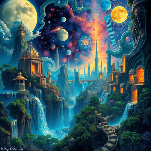 surreal landscape, futuristic cityscape, ethereal glow, vibrant color palette, Salvador Dalí influence, dream-like imagery, intricate details, cascading waterfalls, luminous skies, mythical creatures, otherworldly architecture, dynamic movement, cosmic energy, enchanting forest, mystical ambiance, juxtaposition of elements, imaginative realms, whimsy and wonder, sweeping vistas, fluid forms, elaborate patterns, celestial bodies, vibrant contrast, expansive spaces, psychedelic inspiration, dreamlike beauty, vibrant ecosystems, surreal harmony, luminous transitions, fantastical terrains, iridescent hues, Escher-like geometry, orderly chaos, cosmic perspective, ethereal luminescence, Baroque intricacies, whimsical surrealism