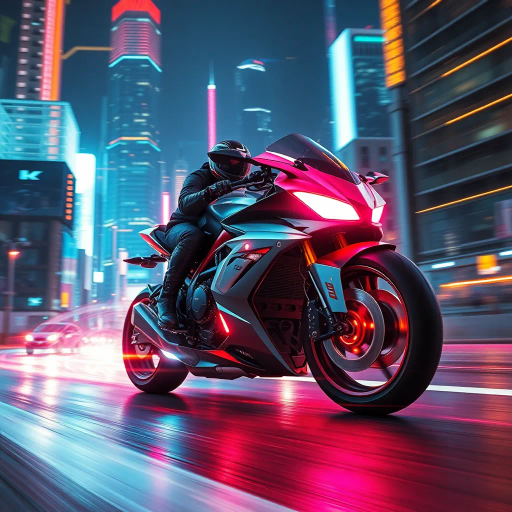 futuristic motorcycle, sleek design, dynamic movement, vibrant neon lighting, retro-futurism aesthetics, Ralph McQuarrie, cyberpunk cityscape, speed and energy, chrome finishes, intricate mechanical details, kinetic composition, bold contrasts, urban night setting, digital rendering techniques, motion blur, concept art, streamlined form, synthetic materials, high contrast shadows, immersive environment, Akira inspiration, Blade Runner ambiance, luminous reflections, electric hues, cutting-edge technology, dusk ambiance, cinematic angles, futuristic metropolis, pulsating vibrancy