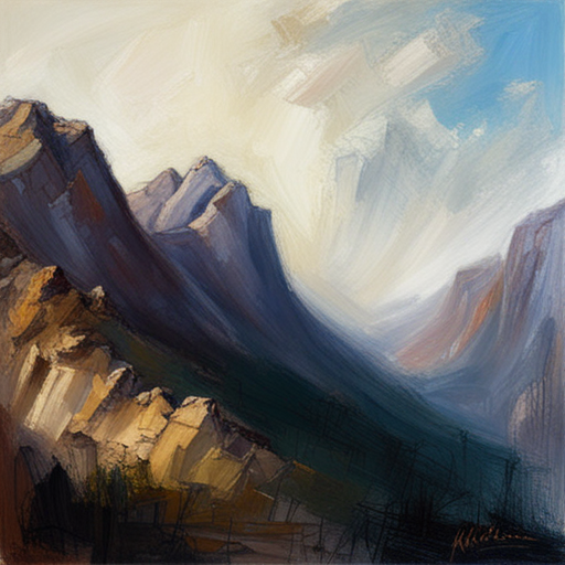 majestic peaks, rugged terrain, atmospheric perspective, muted colors, Impressionism, Hudson River School, light and shadow, texture, acrylic paint, naturalism, serenity, grandeur, scale, plein air, rocky outcroppings, dramatic sky, asymmetry, depth, soft brushstrokes, tranquility