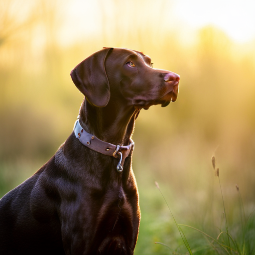 German shorthair pointer, hunting dogs, animal portrait, monochrome, high contrast, dark background, intense gaze, rugged texture, black and white photography, natural lighting, hunting instinct, powerful stance, majestic posture, pedigree breeds, outdoor photography, dog training photographic, nature, animal behavior, point, prey drive, breeds, hunting, wild game, bird hunting, scent, tracking, camouflaged, agility, trained, field trial, energetic, athletic, muscular, intelligent photographic, Sporting Dogs, Gundogs, Pointers, Game Birds, Bird Dogs, Canine, Hunting Equipment, Camouflage, Action Shots, Hunting Techniques, Wildlife, Hunting Season, Hunting Gear, Hunting Scenery, Agility, Stamina, Speed, A majestic German Shorthair Pointer posing in a natural reserve, with a golden hour light setting, enhancing its deep brown coat. The composition follows the rule of thirds, with the dog facing towards left, giving an impression of movement. The background is defocused, but still adding to the overall atmosphere with green and yellow tones. The texture of the dog's fur is visible, especially around the ears and spot markings. The image has a high level of detail, capturing the essence of the breed.