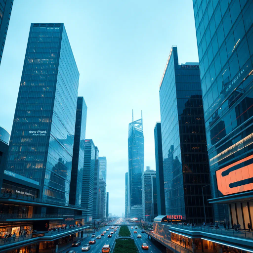 futuristic skyline, glass skyscrapers, dynamic lighting, modern design, asymmetrical composition, sleek materials, steel and chrome, bustling atmosphere, urban environment, Vogel perspective, neon accents, industrial influence, high-tech innovation, energetic movement, business chic, cityscape, contemporary architecture, efficiency and power, blue and silver color palette, minimalistic approach, city life, Antonio Sant'Elia inspirations, smooth lines, integrated technology, ambition and progress