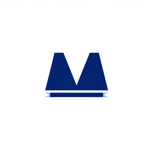 bold M logo mark, solid geometric letter, structured layers, subtle thin horizontal connector lines, indigo on white, modern minimal SaaS branding, flat vector, modernist simplicity, Bauhaus influence, clean design, minimalist aesthetics, structured composition, primary color palette, geometric precision, visual balance, negative space utilization, corporate identity, digital branding, contemporary design language, clarity in form