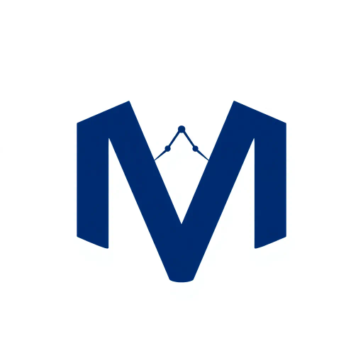 minimalist, bold, letter M, logo design, solid geometric shapes, V-shaped connectors, branching lines, hierarchy symbolism, indigo blue color palette, flat vector style, clean composition, modern SaaS branding, software aesthetics, white background, high-tech elegance, contemporary design, clarity, sleek presentation, geometric precision, corporate identity, monochromatic balance, visual hierarchy