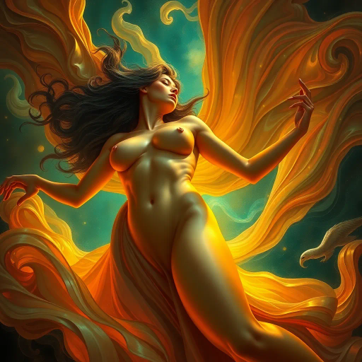 voluptuous form, expansive curves, dynamic energy, bold expressionism, surreal perspective, vibrant color palette, ethereal glow, chiaroscuro lighting, smooth textures, hyper-realistic details, art nouveau influences, delicate line work, intricate compositions, sensual mood, rich contrasts, flowing movement, naturalistic grace, intimate framing, Renaissance echoes, captivating focus