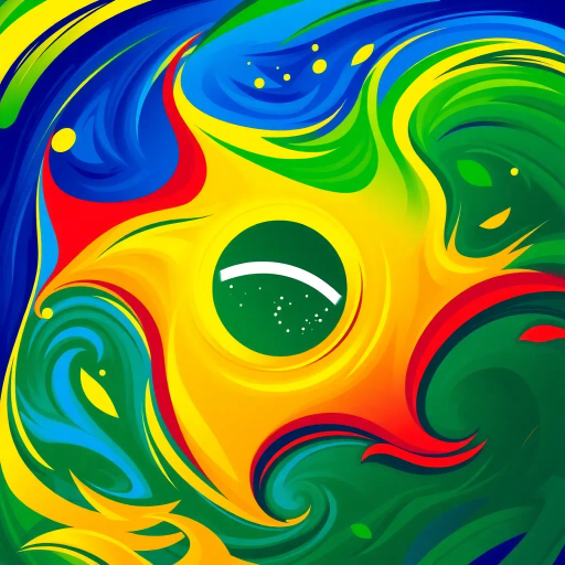 vibrant colors, swirling movement, tropical allure, Brazilian flag, geometric precision, cultural celebration, Carnival inspiration, abstract shapes, bold contrast, energetic flow, Rio de Janeiro, lush greens, radiant yellows, deep blues, chromatic harmony, festive spirit, national pride, rhythmic patterns, dynamic composition, joyful exuberance, modern interpretation