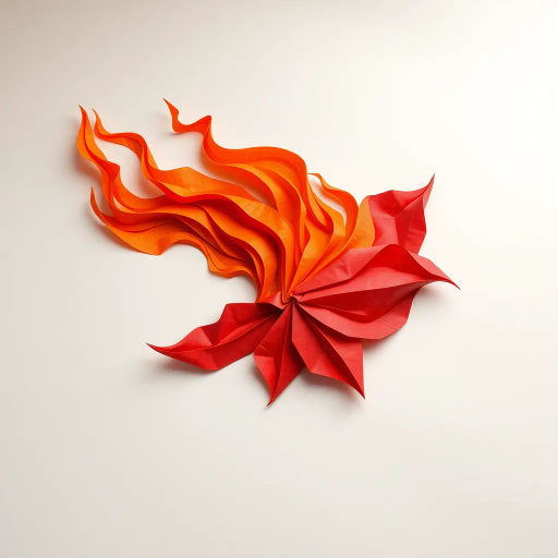 complex paper folding, vibrant hues, intricate patterns, origami art, fire motif, candlelight glow, precise creases, geometric shapes, cultural aesthetics, traditional Japanese influence, dynamic movement, red and orange spectrum, shadow play, elegant structure, vivid contrasts, textured paper, delicate craftsmanship, symbolic warmth, flame shape, three-dimensional sculpture, evoking warmth, harmonious lines, energetic composition