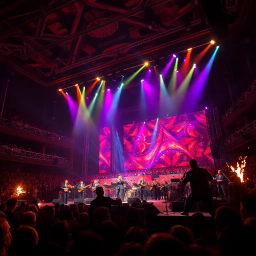 symphony, electric guitars, vibrant energy, Daft Punk influence, Baroque elements, chiaroscuro lighting, dynamic composition, pulsating colors, metallic textures, rock and roll, emotional crescendo, wide-angle perspective, movement and rhythm, cultural fusion, large scale venue, sculptural elements, atmospheric effects, expressive brushstrokes, rhythmic lines, contemporary symphony, immersive experience