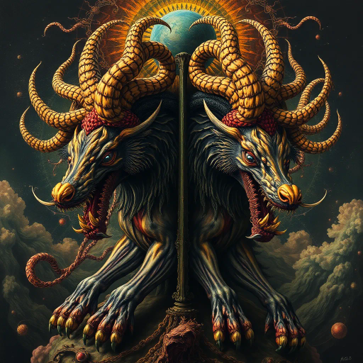 mythical creature, dual-headed dog, surrealism, dynamic symmetry, Henri Rousseau, dreamlike, ethereal lighting, twilight hues, rich textures, fur detail, Chimeric influence, mystical aura, vibrant contrast, Baroque drama, expressive eyes, fantastical realism, intricate anatomy, atmospheric depth, mysterious forest, narrative illustration, mythological symbolism, layered composition