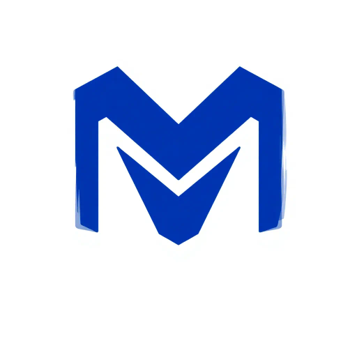 minimal M logo, perspective convergence, depth, hierarchy, solid indigo blue, geometric, modern tech design, flat vector, white background, Bauhaus influences, clean lines, symmetry, contemporary aesthetics, spatial innovation, futurism, precision, abstraction, innovative branding, structural elegance