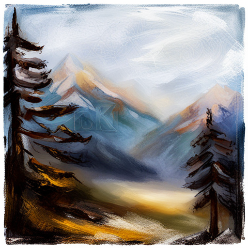 misty mountain range, evening light, rustic cabin, nature's tranquility, scenic beauty, detailed shadows, atmospheric perspective, painterly brushstrokes, rugged terrain, flora and fauna, alpine meadows, Rocky Mountain High