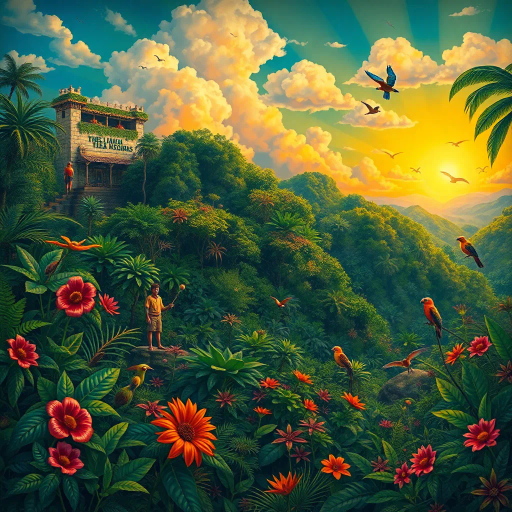 vivid rainforests, carnival atmosphere, vibrant colors, intricate details, lush foliage, rich cultural heritage, magical realism, Brazilian landscape, surreal clouds, tropical wildlife, Henri Rousseau influence, rhythmic movement, radiant sunlight, festive mood, intricate patterns, exotic birds, mythical elements, celebratory spirit, tropical flora, samba rhythm, enchanting scenery