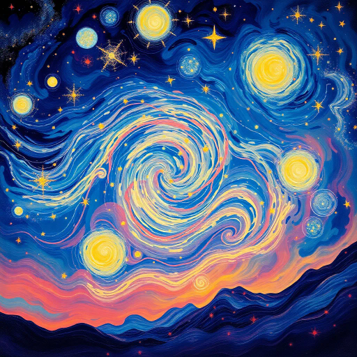 celestial entities, cosmic dance, Vincent Van Gogh influence, swirling galaxies, ethereal glow, deep indigos, golden accents, mystical aura, night sky splendor, dreamlike fantasy, surrealism, astral patterns, infinite space, starscape, luminous bodies, impressionistic touches, celestial harmony, vast universe, twinkling lights, stardust trails