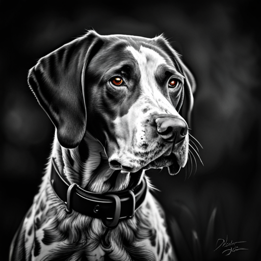 German shorthair pointer, hunting dogs, animal portrait, monochrome, high contrast, intense gaze, rugged texture, natural lighting, powerful stance, majestic posture, pedigree breeds, outdoor photography, dog training, nature, animal behavior, point, prey drive, breeds, wild game, bird hunting, scent, tracking, camouflaged, agility, trained, field trial, energetic, athletic, muscular, intelligence, sporting dogs, gundogs, pointers, hunting equipment, hunting techniques, hunting gear, hunting scenery, stamina, speed, posing, natural reserve, golden hour light, composition, rule of thirds, movement, defocused background, green tones, yellow tones, deep brown coat, fur texture, high level of detail