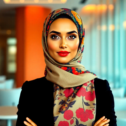 elegant Arab woman, professional attire, modern workplace, high heels, Middle Eastern influence, contemporary art style, intricate patterns, vibrant color palette, soft ambient lighting, cultural expression, dynamic posing, delicate textiles, confidence, empowerment, sophistication, grace, diverse cultural representation, cultural fusion, impressionism influences, human form depiction, balance and harmony, dynamic office environment, elegance, poise, detailed craftwork, modernism, cultural narrative, harmonious composition, vibrant textures
