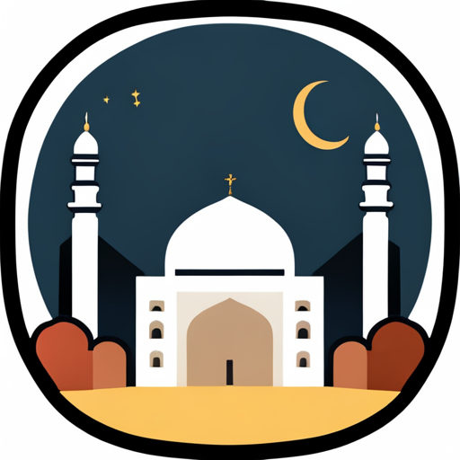 masjid symbol, rounded border, border shadow, time 04:10, caption 7 minutes walking distance, app opening screen