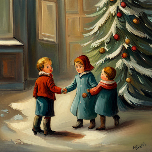 vintage, oil, impersonalism, Winter Children under a Christmas Tree Painting, classic, muted colors, textured