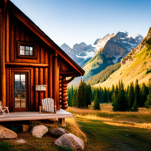 rustic cabin, mountain view, cozy fireplace, snowy landscape, wooden beams, warm light, winter retreat, natural surroundings, log walls, tranquil setting