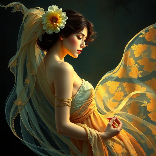 ethereal beauty, renaissance inspiration, dramatic lighting, chiaroscuro, delicate form, impressionistic touches, Gustav Klimt, soft pastels, flowing lines, timeless elegance, Art Nouveau influence, subtle textures, harmonious composition, emotional depth, sensual grace, intricate detail, dreamlike atmosphere, serene expression, gentle movement, classic pose