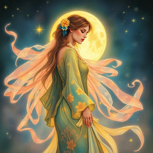 ethereal beauty, illuminated by moonlight, impressionism, Art Nouveau elegance, vibrant pastels, flowing lines, intricate patterns, surreal dreamscape, serene expression, soft-focus glow, watercolor translucence, celestial ambiance, female form, timeless allure, whimsical grace, mystical ambience, symbolic representation, floral motifs, luminous aura, divine femininity, Gustav Klimt influence, harmonious balance, delicate textures, transcendent, poetic imagery, cosmic elements, tranquil, introspective