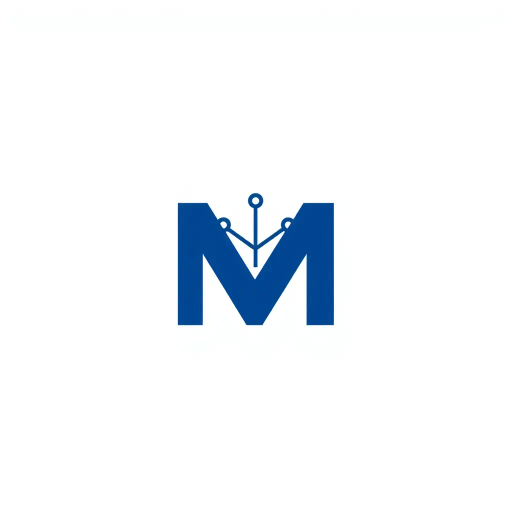 minimalist, bold, letter M, logo design, solid geometric shapes, V-shaped connectors, branching lines, hierarchy symbolism, indigo blue color palette, flat vector style, clean composition, modern SaaS branding, software aesthetics, white background, high-tech elegance, contemporary design, clarity, sleek presentation, geometric precision, corporate identity, monochromatic balance, visual hierarchy