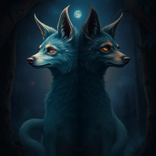 mythical creature, dual-headed dog, surrealism, dynamic symmetry, Henri Rousseau, dreamlike, ethereal lighting, twilight hues, rich textures, fur detail, Chimeric influence, mystical aura, vibrant contrast, Baroque drama, expressive eyes, fantastical realism, intricate anatomy, atmospheric depth, mysterious forest, narrative illustration, mythological symbolism, layered composition