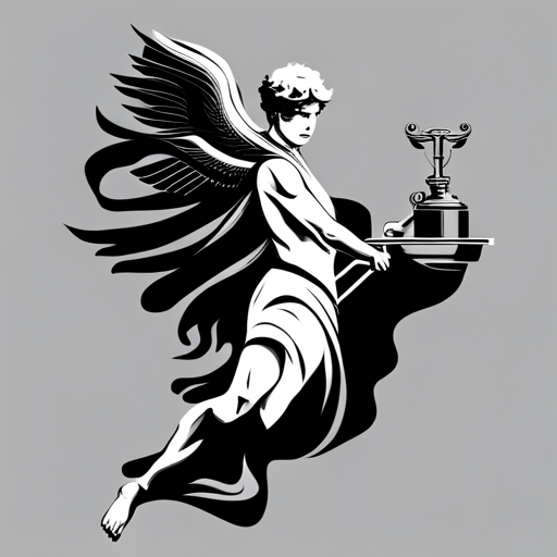 vector, Hermes, Greek mythology, messenger god, winged sandals, caduceus, speed, communication, ancient, mythology, linear, black and white, contrast, simplicity, minimalism, graphic, illustration, geometric shapes, intricate patterns, negative space, modern, dynamic composition, bold lines, abstract, contemporary, high contrast, precision, symbolism