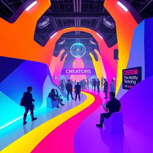 vibrant logo design, dynamic typography, abstract composition, futuristic elements, technology influence, Bauhaus movement, neon colors, minimalism, creative exploration, interactive media, high contrast, circular motifs, geometric shapes, playful aesthetics, innovation, community spirit, collaborative energy, bold outlines, tech textures, modern craftsmanship, forward-thinking, expressive design