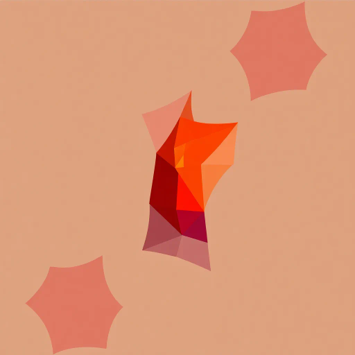 geometric abstraction, angular shapes, vibrant hues, minimalist design, dynamic movement, polygonal art, faceted surfaces, interplay of light and shadow, fiery warmth, digital minimalism, visual simplicity, contemporary aesthetics, simplified forms, energy and transformation, fiery glow, scale contrast, fragmented geometry, abstract representation, symbolic heat, sculptural quality