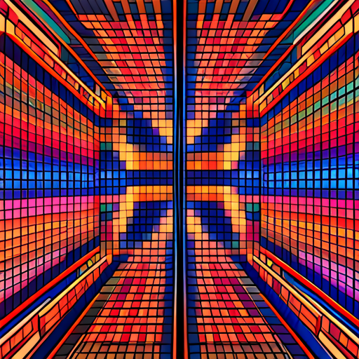 abstract, geometric shapes, color palette, digital medium, mathematical precision, vibrant, dynamic composition, futuristic, technology-inspired, visual rhythm, symmetrical, juxtaposition, minimalistic, high contrast, pattern, data visualization