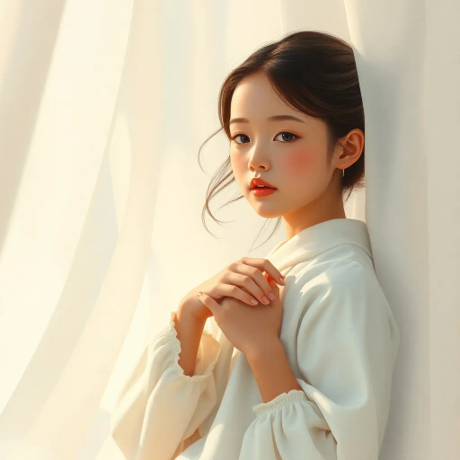 youthful innocence, delicate textiles, soft hues, impressionistic light, fashion illustration, pastel palette, gentle textures, 21st-century trends, intimate perspective, flowing lines, elegance, subtle movement, youthful elegance, graceful composition, feminine energy, cultural nuances, delicate patterns, expressive softness, modern fashion, detailed textures, gentle tones