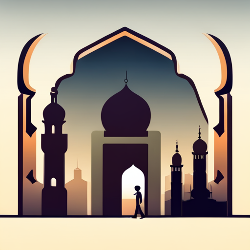 symbolic masjid, rounded border, border shadow, clock, 04:10 time, caption, 7 minutes walking distance from your location