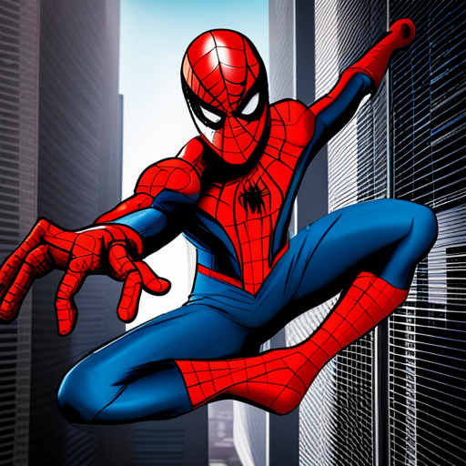 Spiderman, comic book, action, superhero, Marvel, web-slinging, New York City, skyscrapers, red and blue, dynamic poses, web shooters, agility, crime-fighting, mask, spandex suit, Peter Parker, web-swinging, high-flying, urban setting comic-book