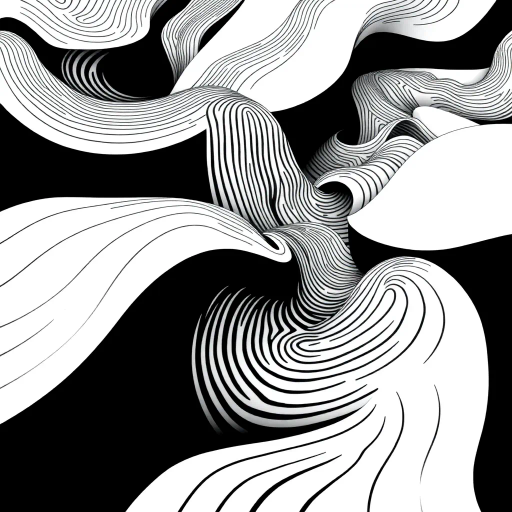 geometric shapes, intricate patterns, flowing lines, minimalist design, abstract expression, monochrome palette, dynamic movement, M.C. Escher influence, precise detailing, linear perspective, conceptual exploration, visual harmony, contour emphasis, spatial depth, contemporary influence, surreal geometry, optical illusion, mathematical artistry, avant-garde composition, abstract forms, pen and ink medium, black and white contrast, intersecting lines, detailed tessellation, fluid dynamics, rhythmic patterns, creative geometry, fine linework, subtle gradients, modern abstraction, artistic innovation, interlocking forms, infinite loops, Escherian landscapes, artistic paradox