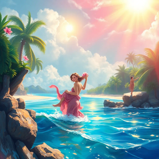 graceful, ethereal, sunlit, renaissance, Botticelli-inspired, vibrant colors, flowing fabric, soft contours, abstract realism, oceanic background, azure hues, delicate brushstrokes, dynamic composition, sun-kissed, serene expression, liberating movement, artistic nudity, impressionistic textures, harmonious balance, timeless beauty, emotive palette, chiaroscuro lighting, cultural diversity, immersive perspective, transcendent elegance, radiant illumination, ethereal glow, harmonious rhythm, soft transitions, sublime light, cultural tapestry, visual poetry, serene harmony, dreamlike atmosphere, radiant illumination, dynamic composition, emotive palette