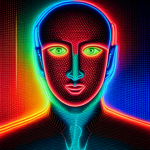 neon lighting, futuristic iconography, geometric shapes, dynamic composition, artificial intelligence, machine learning, neural networks, data visualization, computer-generated imagery, bold colors, sleek surfaces, human-machine interaction, techno-optimism, AI-inspired surrealist art