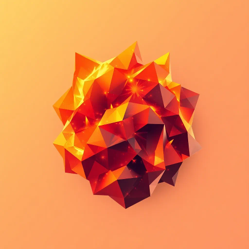 faceted geometry, polygonal forms, dynamic flames, flickering light, abstract fire, warm hues, angular shapes, minimalist design, digital abstraction, geometric patterns, modern interpretation, shimmering heat, textured surfaces, vibrant energy, crystalline structures, orange and red palette, elemental interplay, visual rhythm, stylized representation