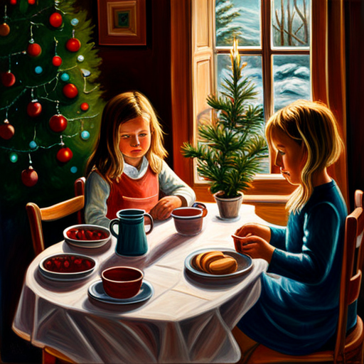 children, table, christmas tree, Laura Muntz Lyall, cgsociety, american impressionism, impressionism, oil on canvas, detailed painting