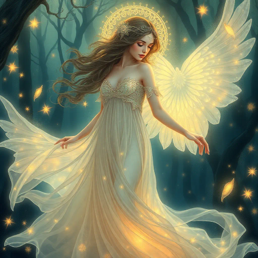 ethereal maiden, intricate details, glowing aura, reminiscent of Alphonse Mucha and Brian Froud, Art Nouveau, whimsical and surreal ambiance, dreamlike setting, mystical and enchanted forest backdrop, soft pastel colors, luminescent glow, flowing gowns and lines, surreal atmosphere, magical aura, gentle movement, ethereal beauty, mythical creatures, poetic essence, imaginary realm, lyrical beauty, fairytale inspiration, renaissance and magical realism influences, serene expression, mysterious allure, enchanted realism, artistic elegance, dynamic composition, rich textures, harmonious balance