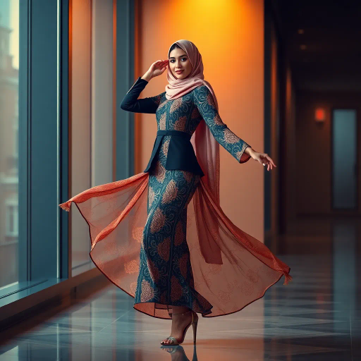 elegant Arab woman, contemporary fashion, hijab, professional attire, modern workplace, high heels, Middle Eastern influence, vibrant colors, soft ambient lighting, dynamic posing, cultural expression, delicate textiles, confident and empowering presence, sophisticated grace, diverse cultural representation, fusion of modern and traditional elements, cultural fusion, empowerment and poise, Impressionism influences, Gustav Klimt inspiration, Art Nouveau elegance, intricate patterns, intricate detailing, vibrant color palette, symbolic attire, office environment, balance and harmony, dynamic composition, surreal lighting, cultural narrative, refined textures, bold symbolism, artistic influences, multicultural dialogue, striking balance, expressive realism, innovative representation, unique fashion, delicate balance, harmonious color palette
