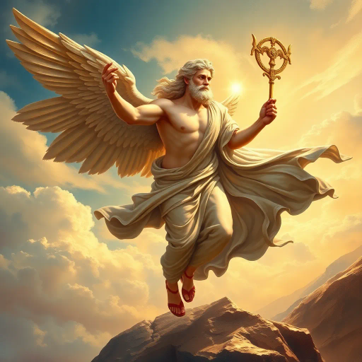 Hermes, Greek god, divine messenger, wings on sandals, caduceus, classical antiquity, dynamic pose, mythological figure, spiritual journey, open sky, ethereal glow, bronze sheen, golden highlights, Renaissance elegance, lively expression, flowing robes, celestial ambiance, Olympian grandeur, masterful brushwork, majestic presence, fluid motion, wind-swept landscape, Michelangelo, baroque drama, chiaroscuro lighting, mythic narrative, historical symbolism, cosmic perspective, atmospheric depth, allegorical motif, timeless scale