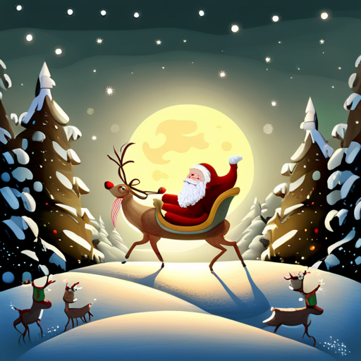 reindeer, Santa Claus, delivering presents, magical, winter wonderland, whimsical, holiday spirit, sleigh, flying, snowy landscape, starry night, festive atmosphere, joyful, celebration, mythical creatures, gift-giving, Christmas, enchanting, fairytale, dreamlike, mystical