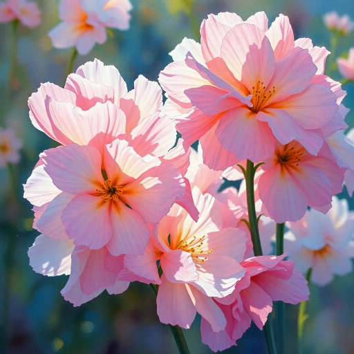 ethereal blossoms, Claude Monet, surrealism, vibrant hues, chiaroscuro, intricate patterns, petals unfurling, soft pastels, watercolor textures, serene ambiance, dynamic composition, Impressionist era, radiant sunbeams, delicate movement, earthly paradises, endless fields, harmonious symphony, abstract forms, timeless beauty, sensory experience, botanical elegance