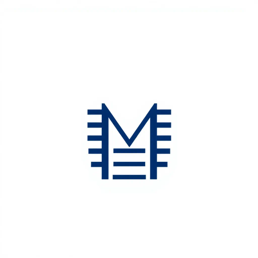 abstract, minimalist logo, geometric letter M, thin horizontal lines, hierarchy, ladder rungs, solid indigo blue, crisp vector design, white background, modern typography, Bauhaus influence, clean composition, precise geometry, vector graphics, contemporary aesthetic, graphic design, minimalism, line weight variation, symbolic representation, structured layout