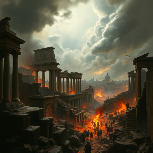 historical devastation, Alaric the Visigoth, ancient ruins, classical architecture, fiery inferno, chaos and turmoil, gothic shadows, sacking and looting, eternal city, Roman Empire, invasion, dramatic conflict, tumultuous skies, Rembrandt lighting, powerful emotions, ancient warfare, Caravaggio-inspired, chiaroscuro, symbolic destruction, fallen civilization, rich textures, monochromatic palette, intense drama, baroque influences, historical narrative, perspective of awe, melancholic atmosphere